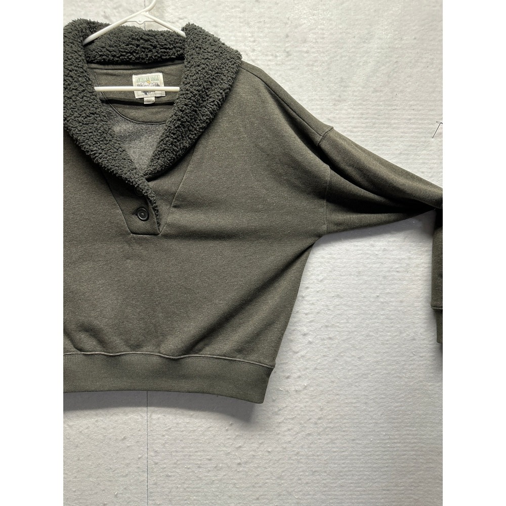 American Eagle Sherpa Collar Pullover Sweatshirt M Olive Green Cozy Button Neck - Picture 5 of 10